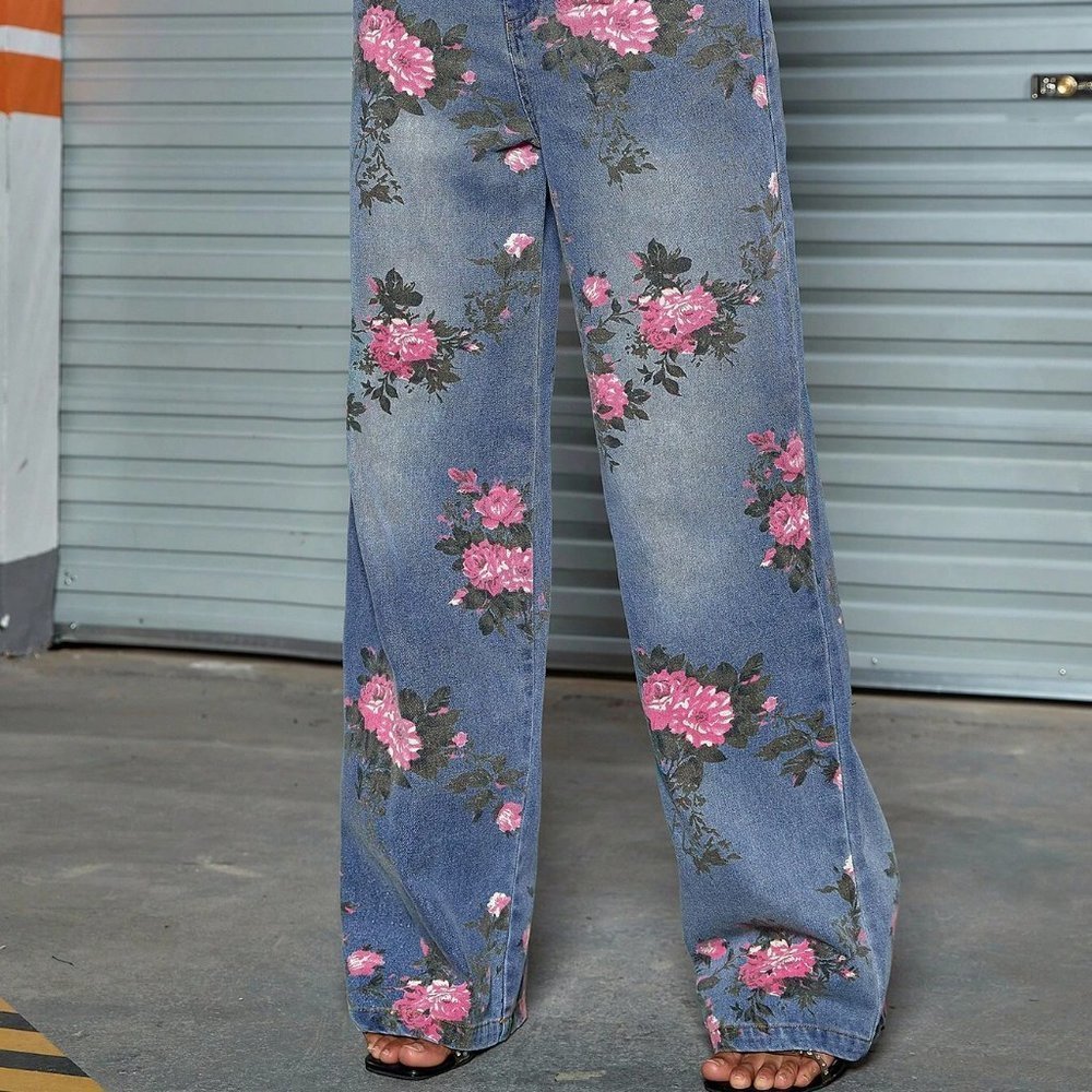 Blue Vintage Womens Floral Print Slant Pocket Straight Leg Jeans - Picture 5 of 5
